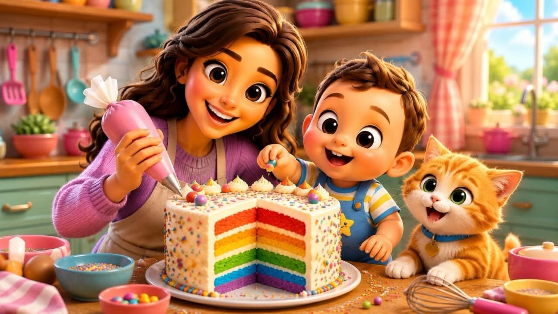 Rainbow Cake Adventure Mom, Baby & kitty Bake a Yummy Cake | Fun ...