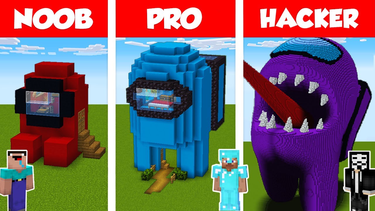 Minecraft NOOB vs PRO vs HACKER: AMONG US HOUSE BUILD CHALLENGE in