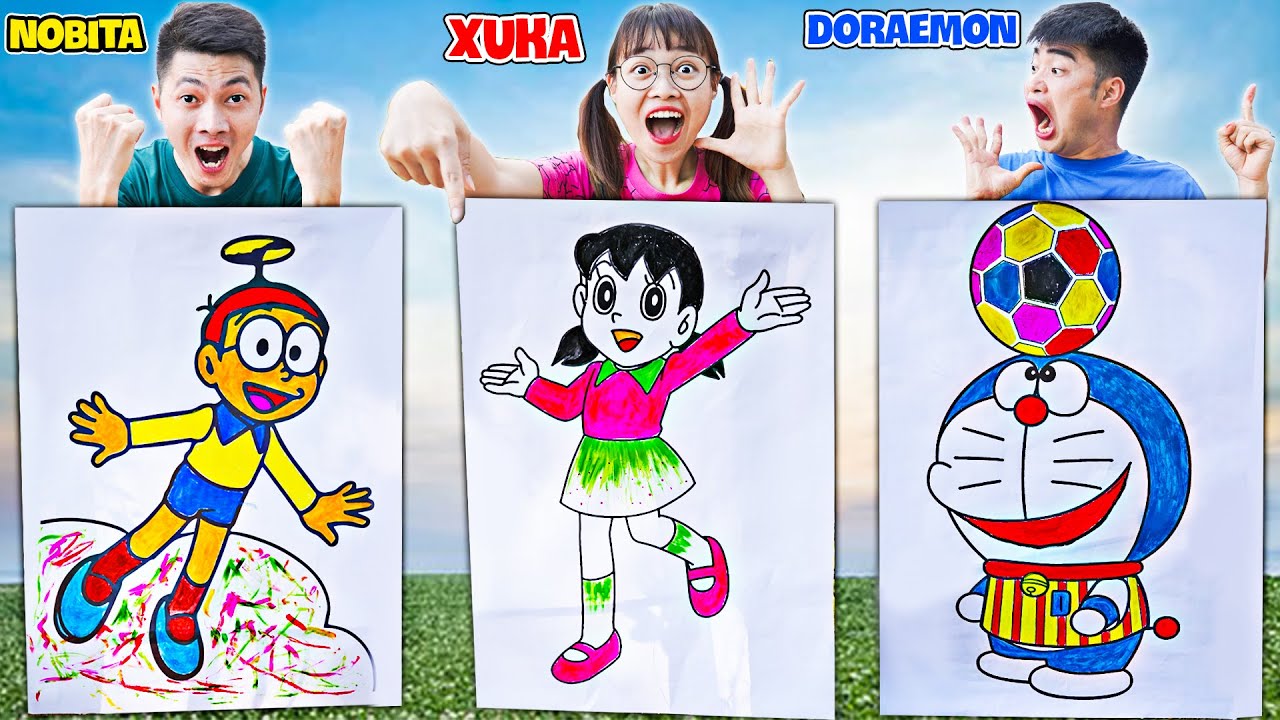 VẼ DORAEMON NOBITA VÀ XUKA  BÉ TẬP VẼ  TÔ MÀU VỚI BÚT CHÌ  BÚT LÔNG   MÀU NƯỚC   Doraemon Bút chì Màu nước