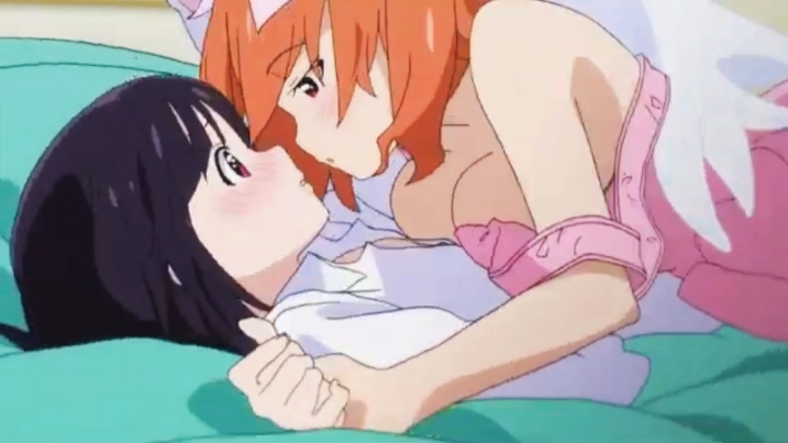 2 anime girl kissing on a bed 